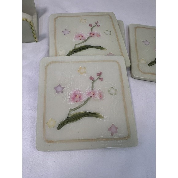 Set Of 4 Stone Hand Painted Coasters W Holder‎ 3D Butterfly & Flowers Sculpture - Picture 6 of 13